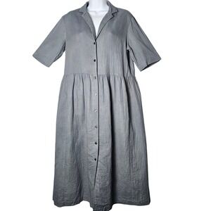 Juni Womens Gray Button Front Midi Shirt Dress Tiered Skirt Pockets Lagenlook